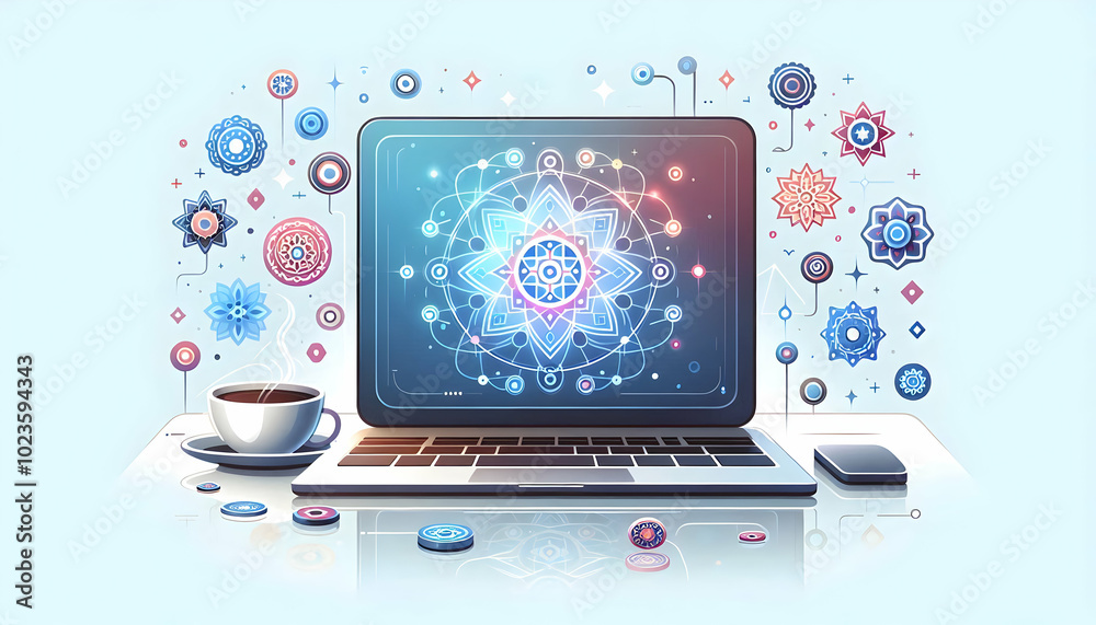 Flat Laptop Illustration with Holographic Rangoli Symbols, Featuring a Brightly Lit Scene on White Surface - Ideal for Business Concepts and Creative Designs Flat Laptop Illustration with Holographic Rangoli Symbols, Featuring a Brightly Lit Scene on White Surface - Ideal for Business Concepts and Creative Designs