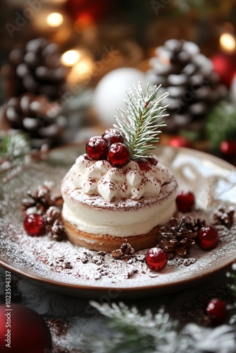 A dessert with a white frosting and red berries on top. The dessert is placed on a plate with pine cones and other decorations. The dessert looks festive and inviting