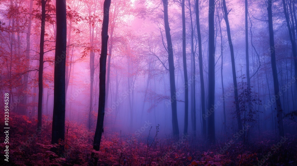 Obraz premium An enchanting twilight forest with soft mist and glowing pink and lavender skies showcases vibrant autumn colors