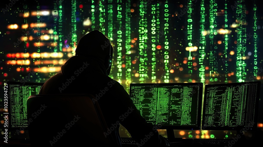 Fototapeta premium Silhouette of a hacker programming with green code on dark background