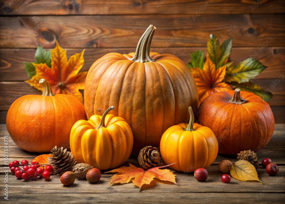 A Thanksgiving themed still life featuring a pumpkin, cranberries, nuts, cones, autumn leaves in shades of red, orange, and yellow are scattered around. On a wooden background with soft shadows A Thanksgiving themed still life featuring a pumpkin, cranberries, nuts, cones, autumn leaves in shades of red, orange, and yellow are scattered around. On a wooden background with soft shadows