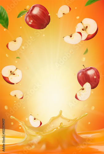 3d realistic vector vertical banner, apple juice splash, red apple juice color background with flying leaves for your design, ads