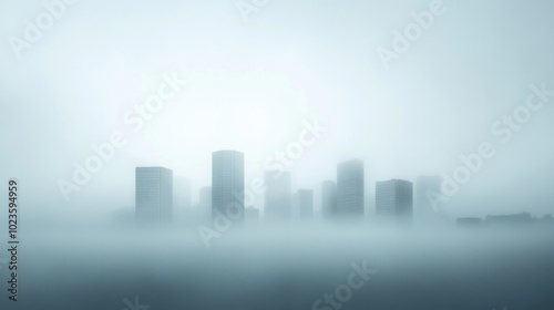 Foggy city skyline with tall buildings disappearing into mist, creating a calm and moody atmosphere at dawn