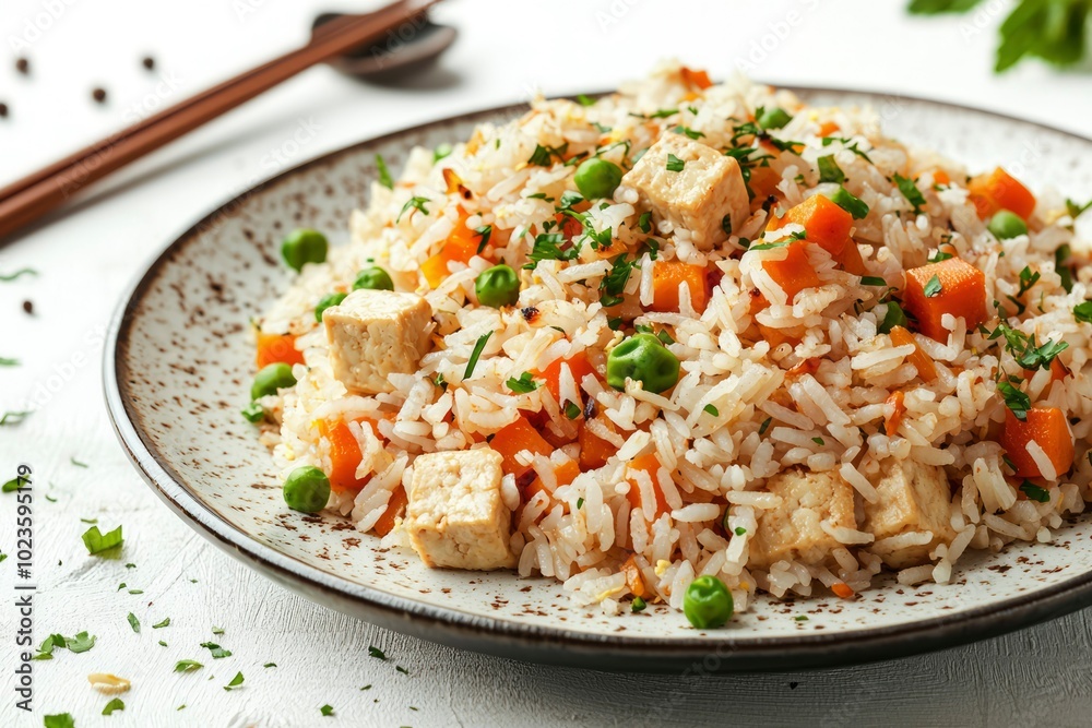 Fried Rice with Tofu, Carrots, and Peas on a Speckled Plate Fried Rice with Tofu, Carrots, and Peas on a Speckled Plate