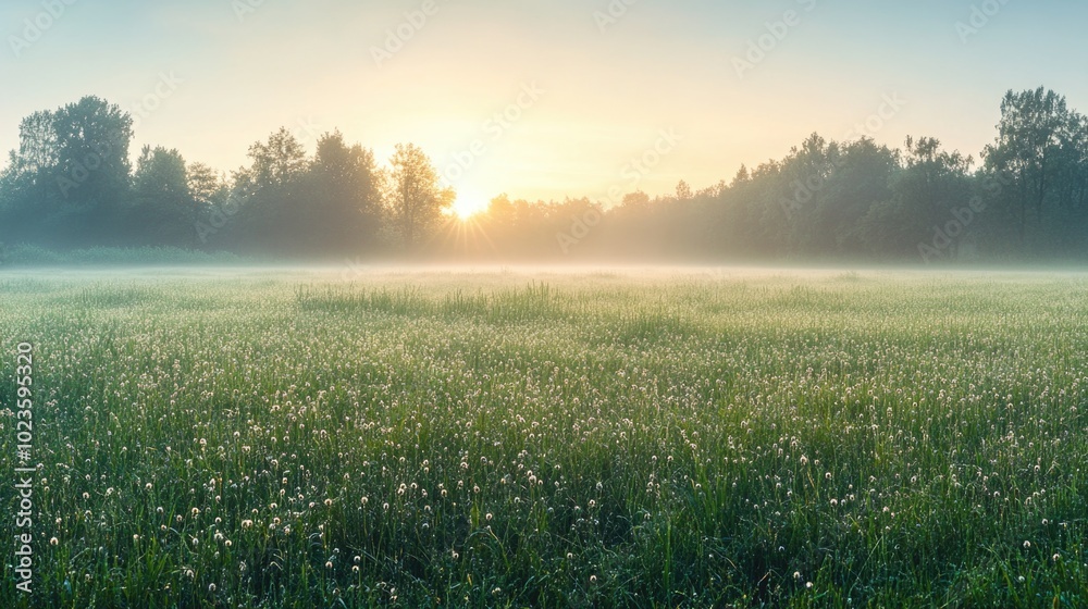 A peaceful foggy meadow at sunrise with dew-covered grass and soft golden light illuminating the tranquil landscape A peaceful foggy meadow at sunrise with dew-covered grass and soft golden light illuminating the tranquil landscape