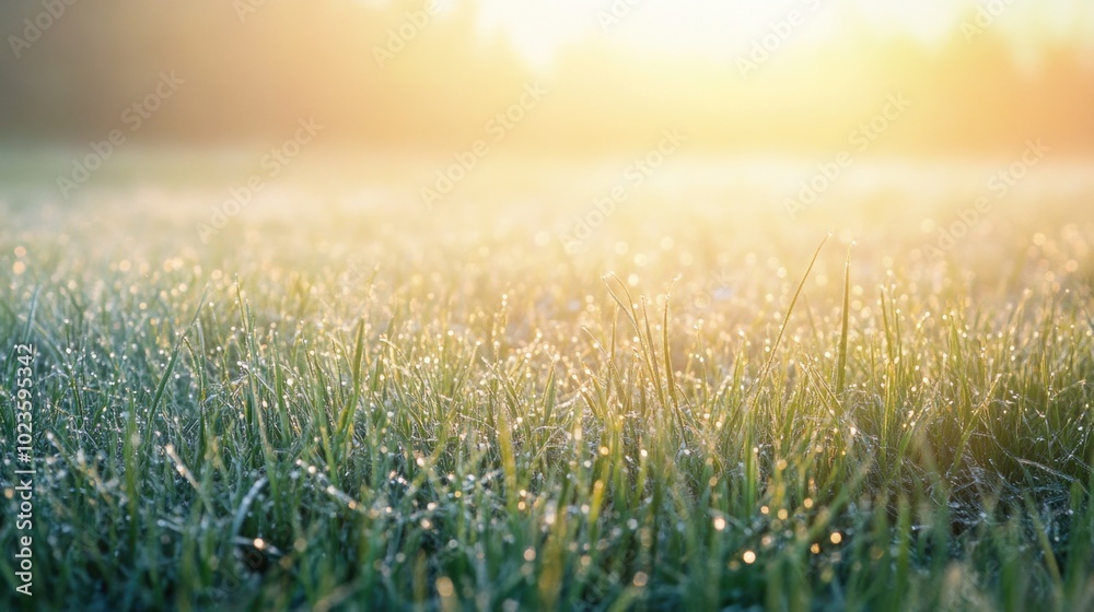 A tranquil foggy meadow at sunrise with dew-covered grass illuminated by soft golden light A tranquil foggy meadow at sunrise with dew-covered grass illuminated by soft golden light
