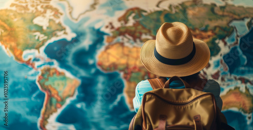 A person with a straw hat and a backpack looks at a large world map on the wall