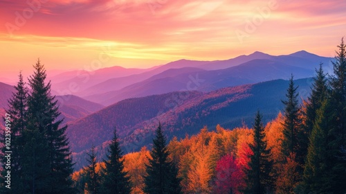 Majestic autumn mountains at dusk with glowing orange and pink skies and vibrant fall colors