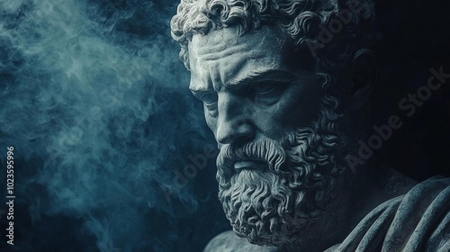 stoic hercules statue, powerful, strong, dark blue background