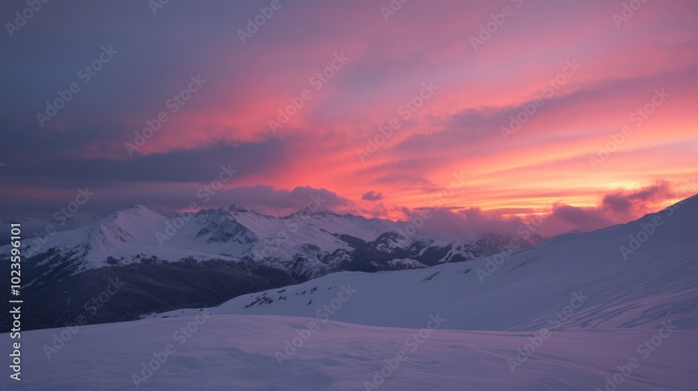 A serene twilight landscape over a majestic winter mountain range with vibrant pink clouds reflecting on snow-covered slopes