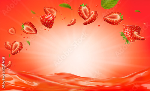 3d realistic vector horizontal banner, strawberry juice splash, strawberry juice color background with flying leaves for your design, ads