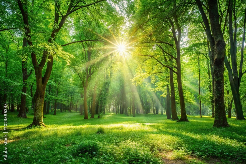 Obraz premium Green forest glade illuminated by sun rays