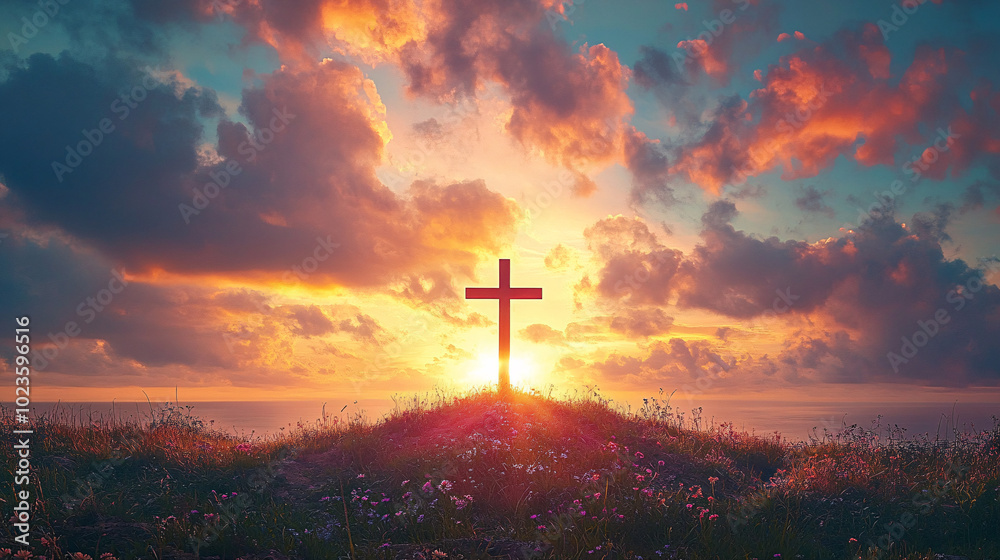 Silhouetted cross on a grassy hill at sunset evoking a serene and reverent atmosphere, symbolizing hope and healing. Ideal for Christian counseling service promotion. Silhouetted cross on a grassy hill at sunset evoking a serene and reverent atmosphere, symbolizing hope and healing. Ideal for Christian counseling service promotion.