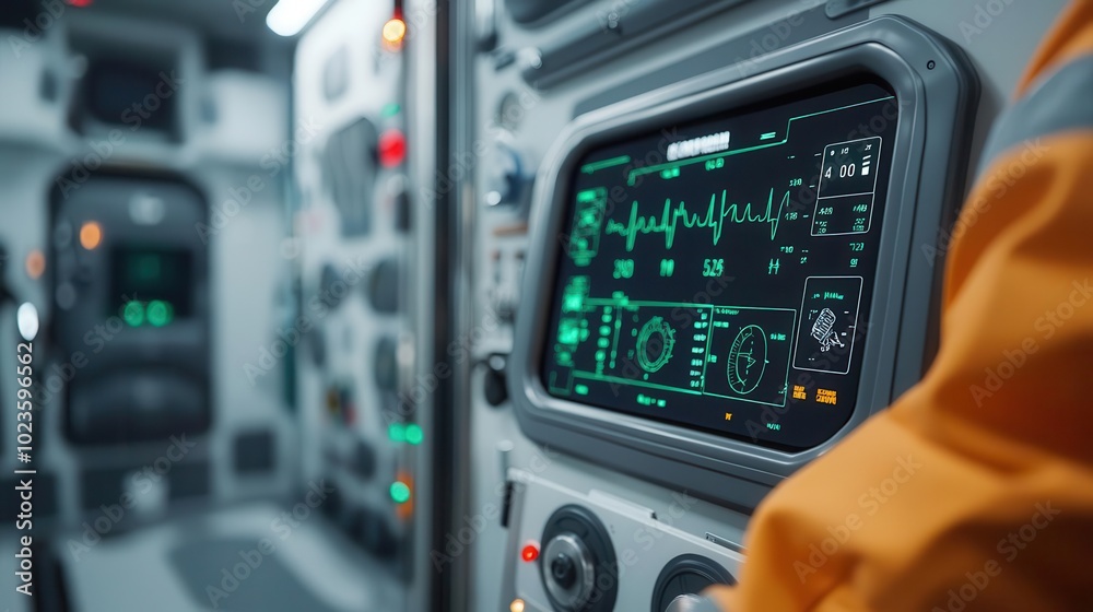 Close-up of AI-powered medical dashboard inside an ambulance, glowing real-time vital signs and emergency response data Close-up of AI-powered medical dashboard inside an ambulance, glowing real-time vital signs and emergency response data