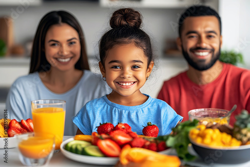 Young girl having a wholesome breakfast with her parents at home, illustrating family togetherness and nutrition.