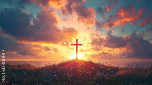 Silhouetted cross on a grassy hill at sunset evoking a serene and reverent atmosphere, symbolizing hope and healing. Ideal for Christian counseling service promotion.