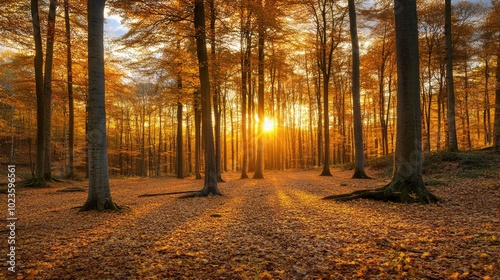 Fototapeta Naklejka Na Ścianę i Meble -  A serene autumn forest at dusk with golden leaves and soft light filtering through the trees under dramatic twilight skies