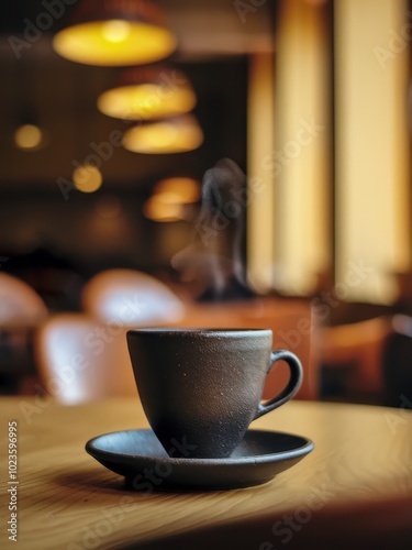 Steaming Coffee Cup In A Ceramic Mug In A Rustic Cafe