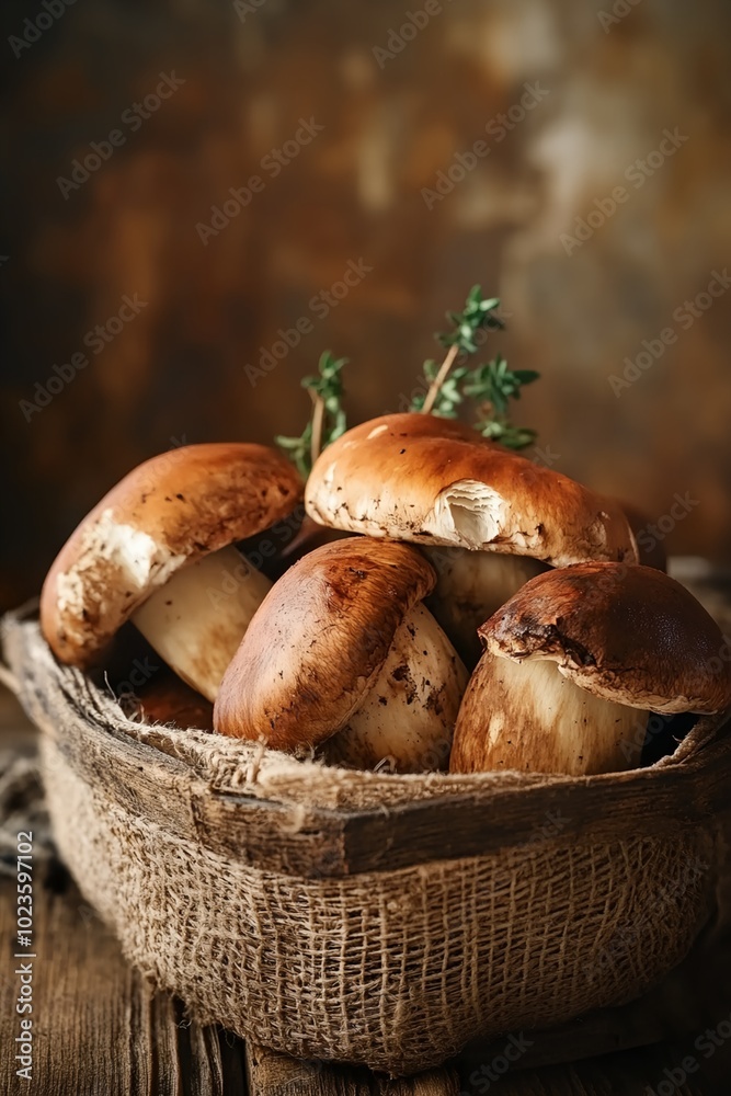 A basket of mushrooms is sitting on a wooden table. The mushrooms are brown and appear to be fresh. The basket is made of burlap and is filled with the mushrooms. The scene gives off a rustic A basket of mushrooms is sitting on a wooden table. The mushrooms are brown and appear to be fresh. The basket is made of burlap and is filled with the mushrooms. The scene gives off a rustic