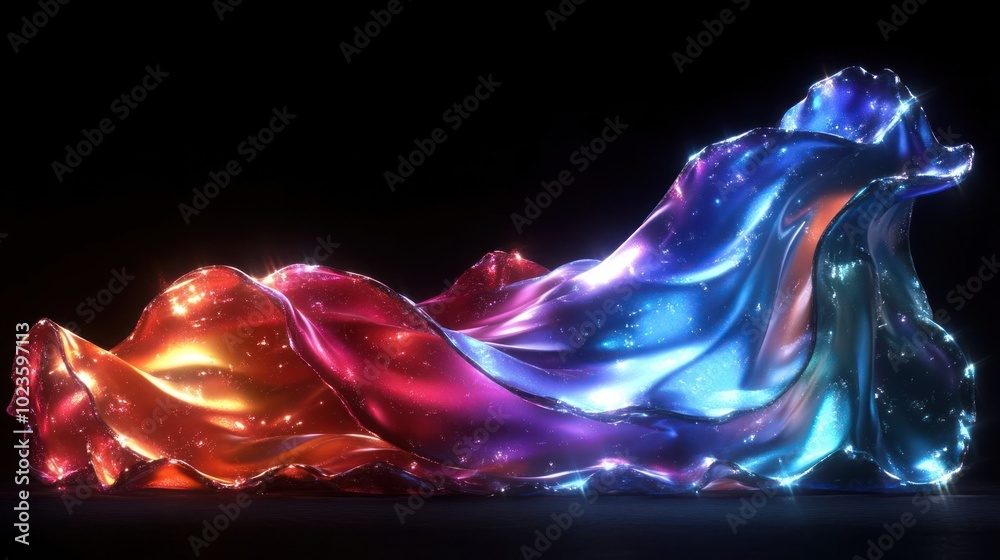 A vibrant, flowing fabric with colorful cosmic patterns against a dark background. A vibrant, flowing fabric with colorful cosmic patterns against a dark background.