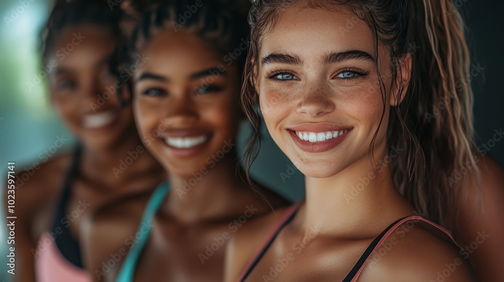Three women smiling for the camera Three women smiling for the camera