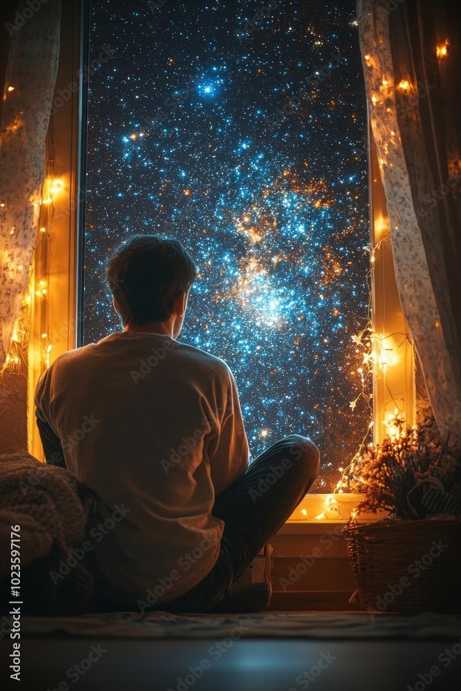 The starry sky outside the window at night The starry sky outside the window at night