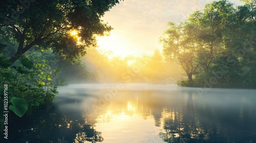 Serene river landscape at sunrise with golden light reflecting on misty water and lush green trees