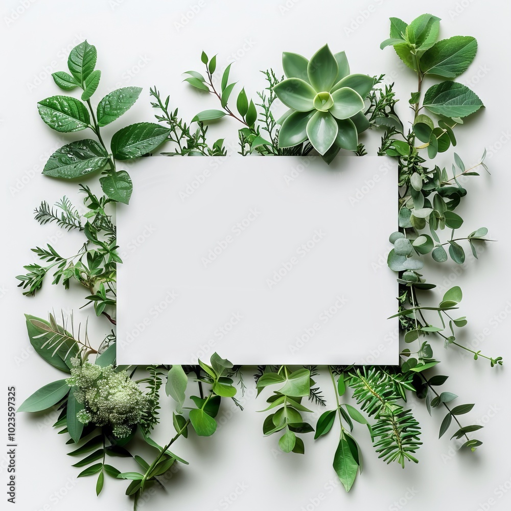 A blank white card framed by an assortment of green leaves and succulent plants, perfect for nature-themed designs and messages. A blank white card framed by an assortment of green leaves and succulent plants, perfect for nature-themed designs and messages.