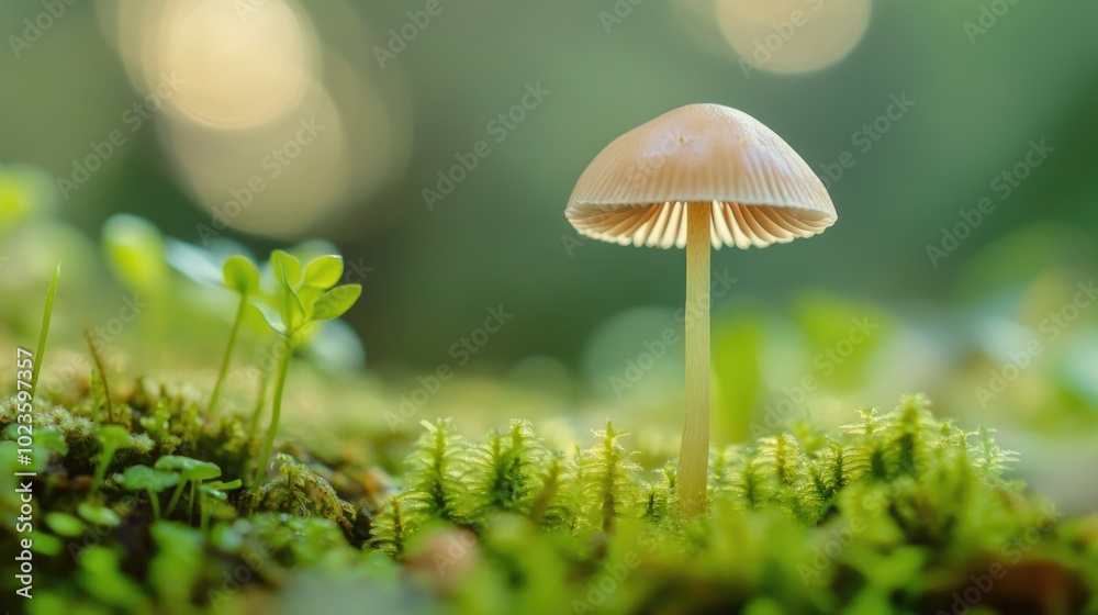 A tiny mushroom stands out with detailed texture against a vibrant blurred background in soft natural light A tiny mushroom stands out with detailed texture against a vibrant blurred background in soft natural light