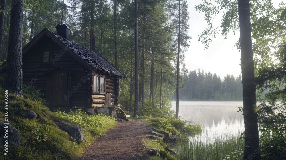 A tranquil Finnish lakeside cabin surrounded by misty pine trees on a calm morning A tranquil Finnish lakeside cabin surrounded by misty pine trees on a calm morning