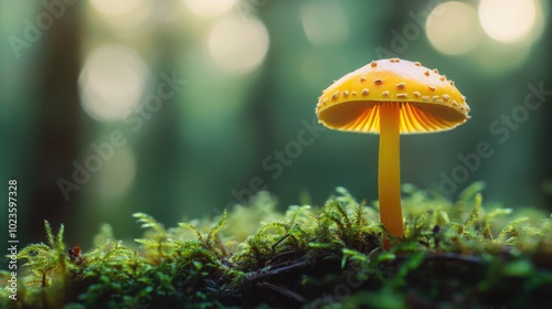 A tiny yellow mushroom displays intricate textures in a vibrant, blurred forest background under soft lighting