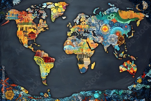 A Colorful Mosaic World Map with Geometric Patterns