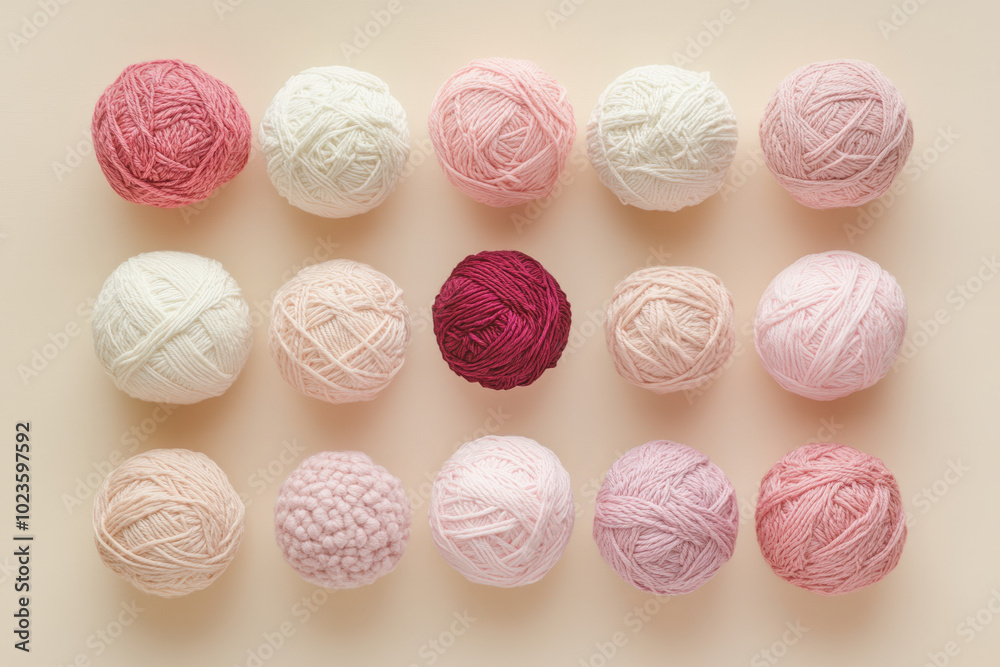 Red yarn ball stands out in a grid of pink and white yarn balls arranged on a beige background Red yarn ball stands out in a grid of pink and white yarn balls arranged on a beige background