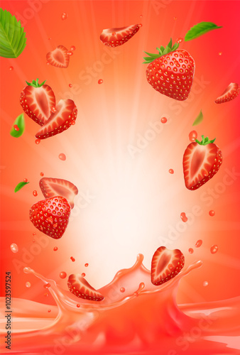 3d realistic vector vertical banner, strawberry juice splash, strawberry juice color background with flying leaves for your design, ads