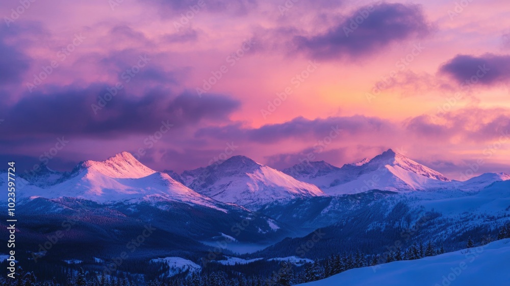 Twilight over snow-covered mountains with a vibrant sky showcasing warm and cool tones in a tranquil winter landscape Twilight over snow-covered mountains with a vibrant sky showcasing warm and cool tones in a tranquil winter landscape