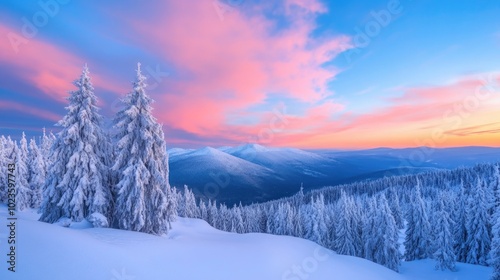 Twilight illuminates snow-covered mountains with vibrant skies and serene winter landscapes