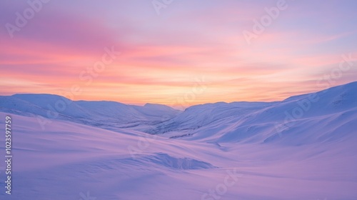 Twilight over majestic winter mountains with a serene snow-covered landscape and a vibrant sky