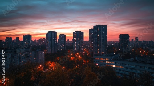 Twilight sky painting autumn hues over a vibrant city skyline with glowing skyscrapers and peaceful silhouettes