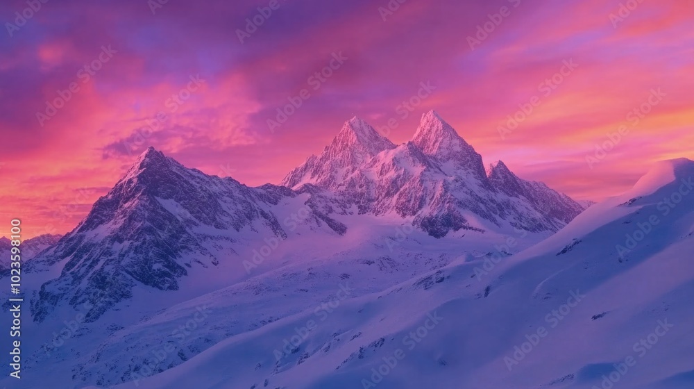 Twilight casts a colorful glow over winter mountain peaks in a stunning dusk landscape Twilight casts a colorful glow over winter mountain peaks in a stunning dusk landscape