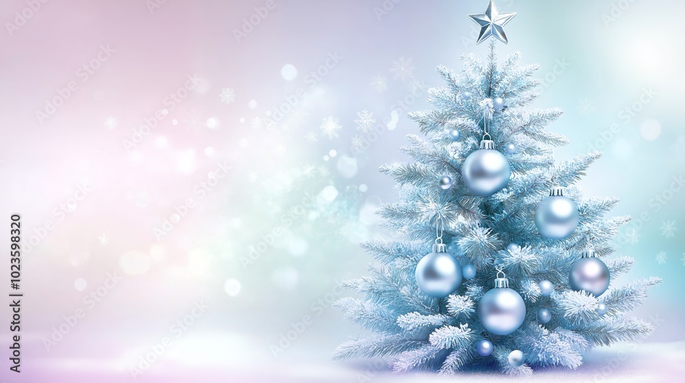 Frosted Christmas tree with silver baubles and star topper on a soft pastel background with snowflakes Frosted Christmas tree with silver baubles and star topper on a soft pastel background with snowflakes