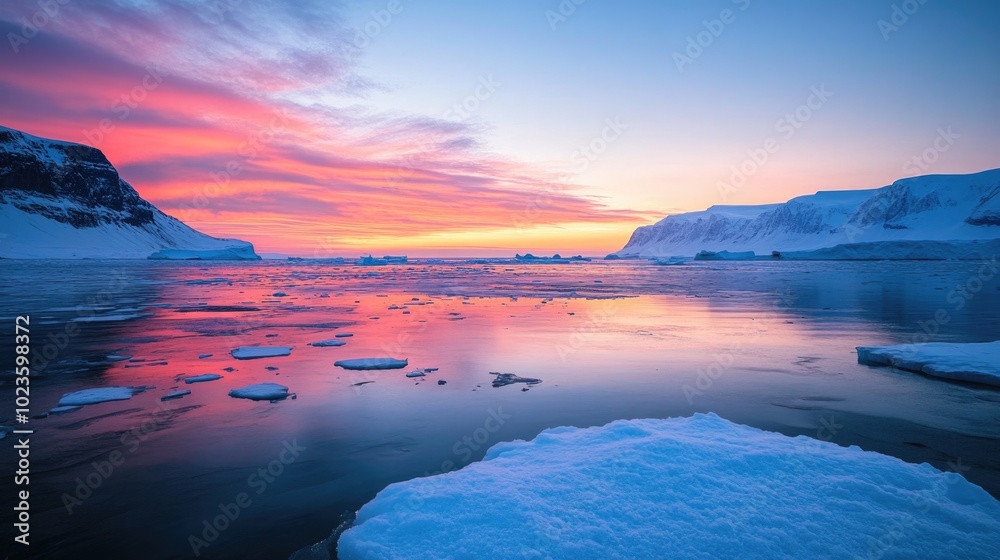 Winter twilight in the Arctic showcases vivid skies reflecting on the frozen sea with distant snowy peaks Winter twilight in the Arctic showcases vivid skies reflecting on the frozen sea with distant snowy peaks