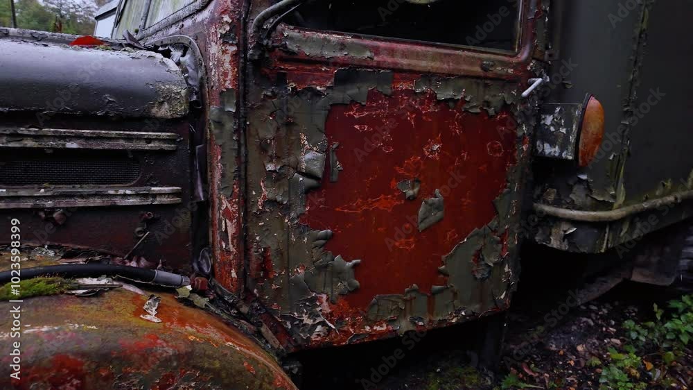 Slow motion abandoned rusty truck in the forest. Close-up side view of a beautiful retro vehicle with flaking green paint. Soviet car cemetery or old timer junkyard concept.