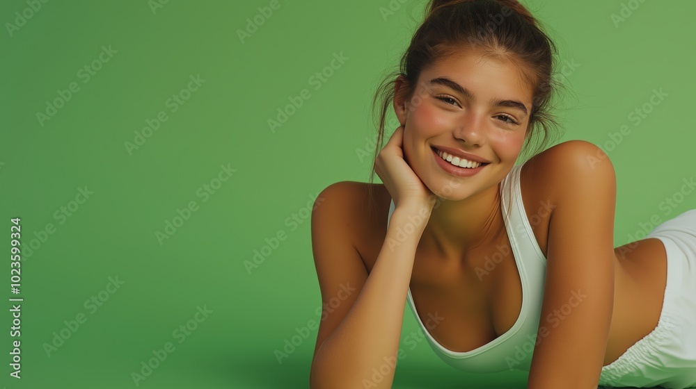 Fototapeta premium Young smiling woman in white yoga outfit posing on a green background with copy space