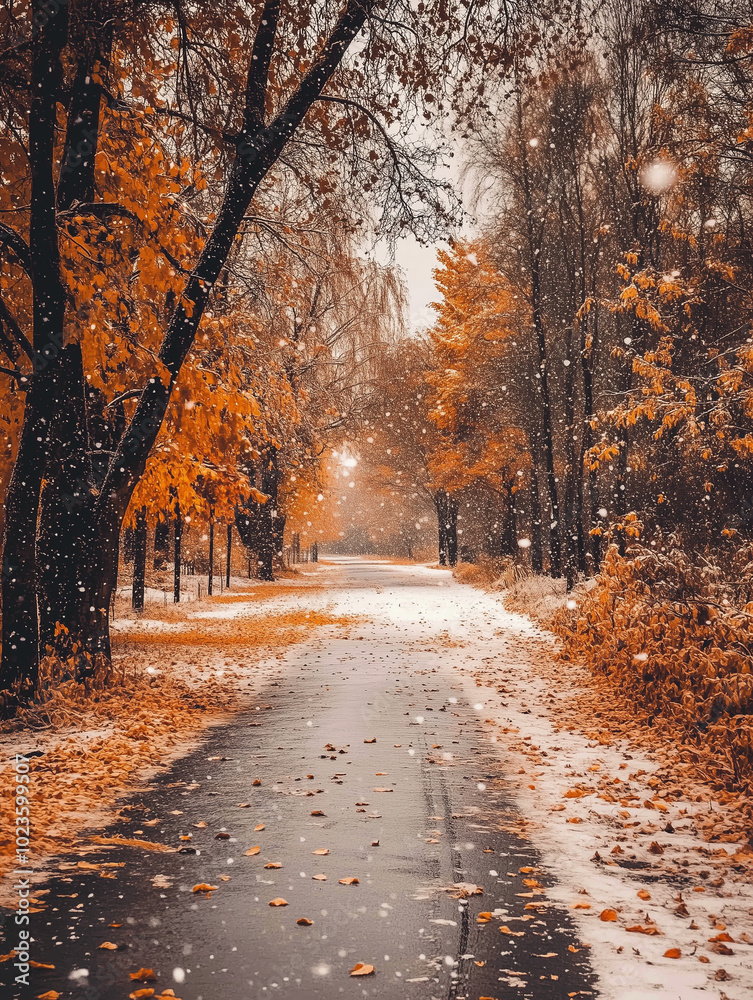 Obraz premium Autumn trees lining snowy path with falling leaves in park