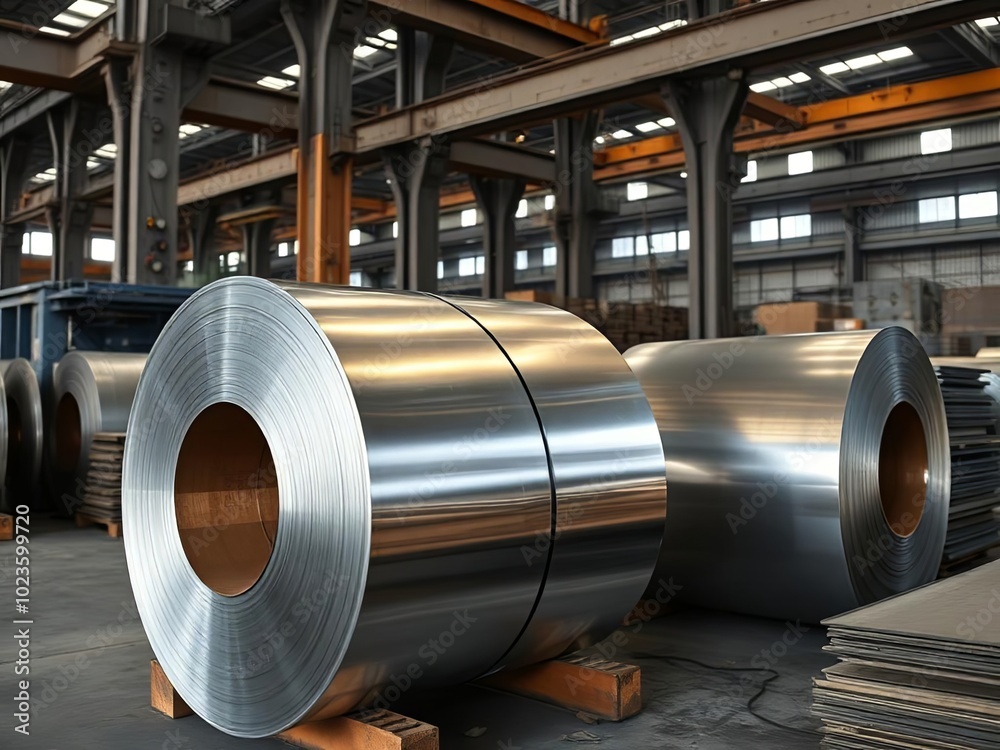 Inside a factory, you can find a large quantity of aluminum foil rolls Inside a factory, you can find a large quantity of aluminum foil rolls