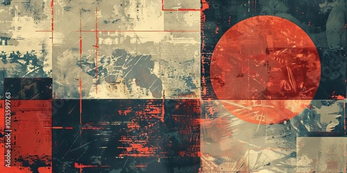 A striking abstract modern art piece featuring geometric shapes and a bold red circle on a textured background, perfect for contemporary decor.