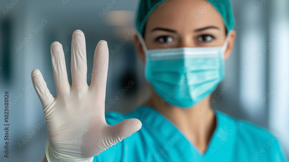 A hand in a medical glove on the foreground and a female doctor in a mask on a blurred background.