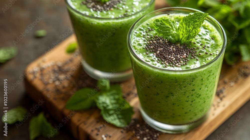 Two green smoothies with a mint leaf on top Two green smoothies with a mint leaf on top