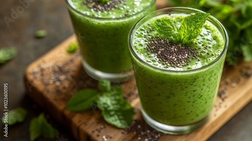 Two green smoothies with a mint leaf on top