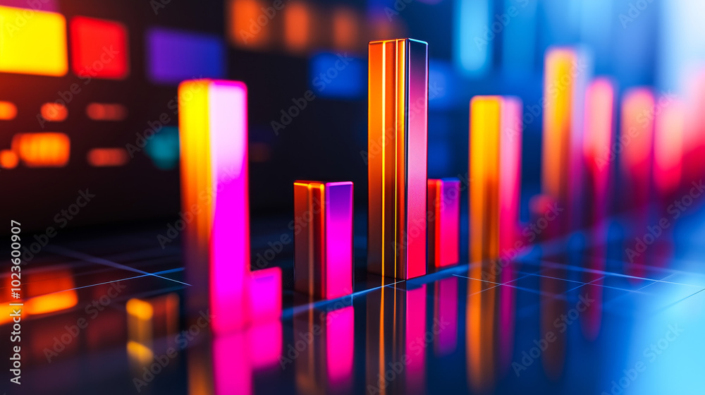 A series of colorful, 3D bars rise and fall, reflecting light on a reflective surface, against a backdrop of vibrant, abstract shapes. A series of colorful, 3D bars rise and fall, reflecting light on a reflective surface, against a backdrop of vibrant, abstract shapes.